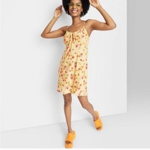 Wild Fable Women's Tie-Front Fit & Flare Woven Yellow Floral Mini Dress Sz Med